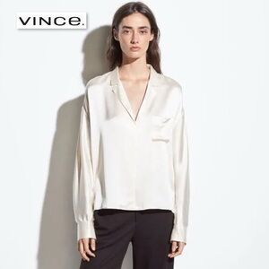Vince Silk Satin Pajama Popover Top Blouse Slouchy Oversized Cream Shirt Small S